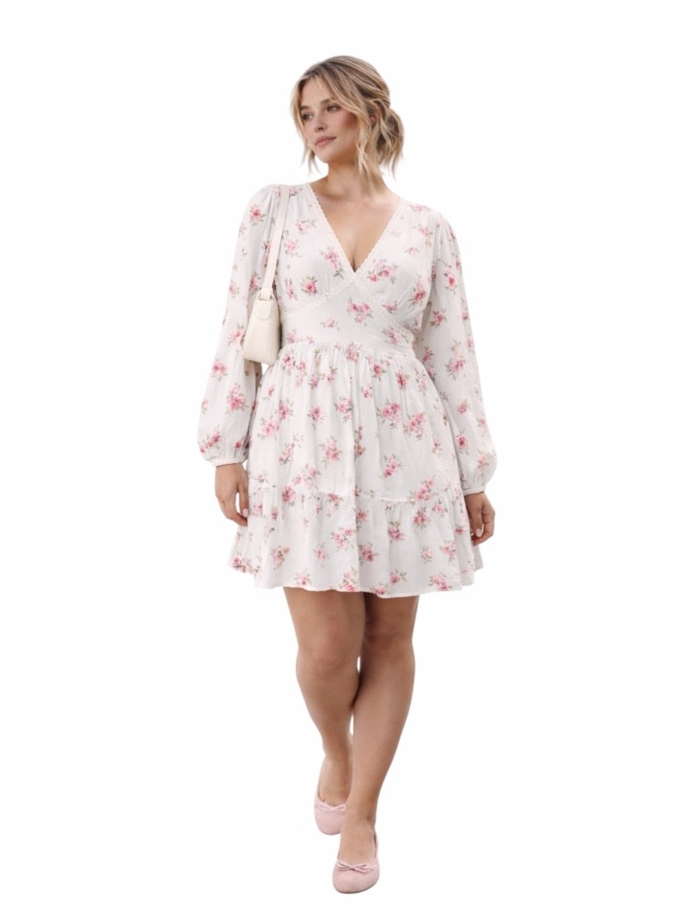 Arula Floral Tiered Mini Dress White Pink Boho Cottagecore Flowy 0X 12-14